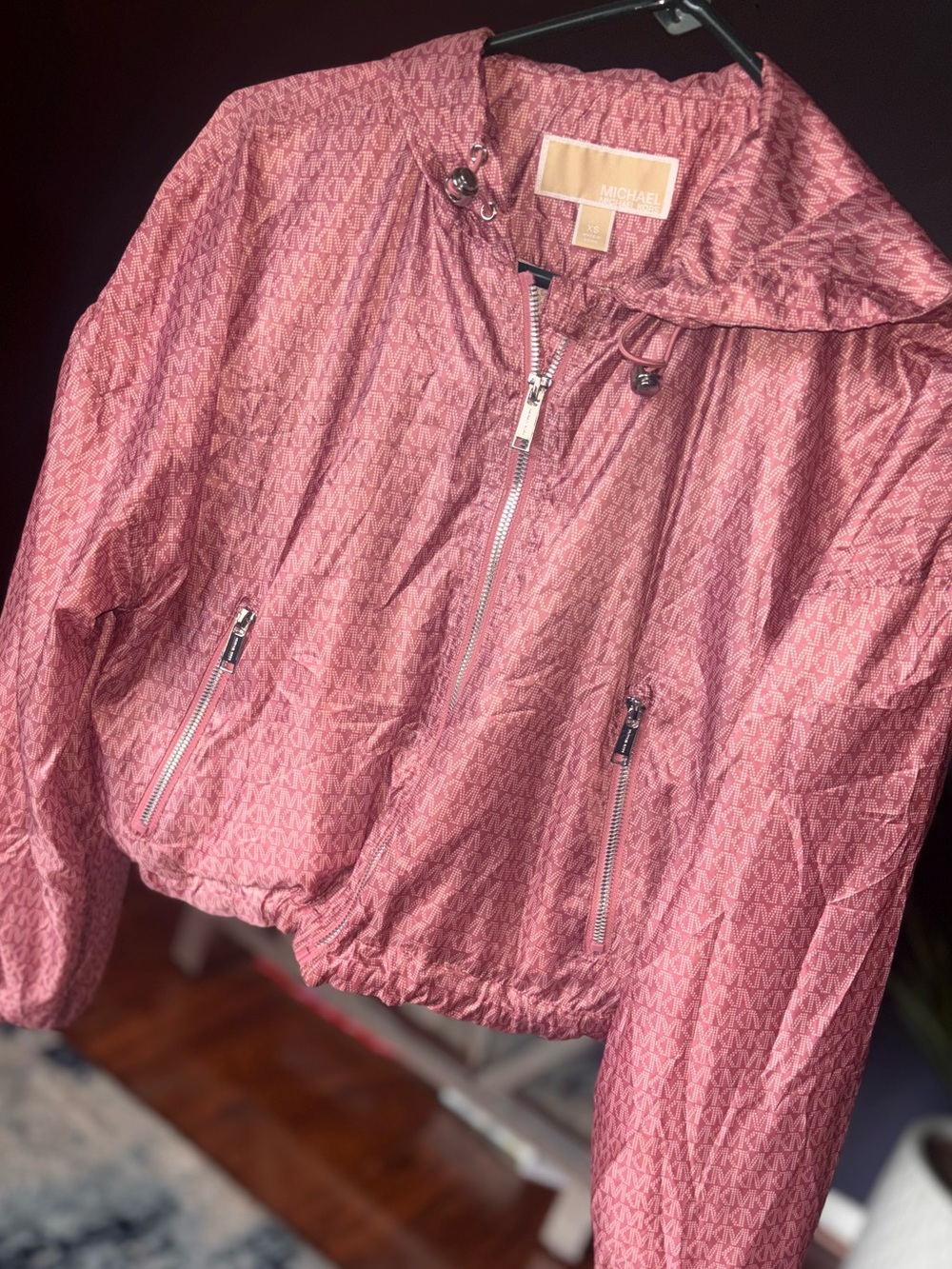 XS Michael Kors cropped mk logo windbreaker hooded bomber jacket pink / burgundy